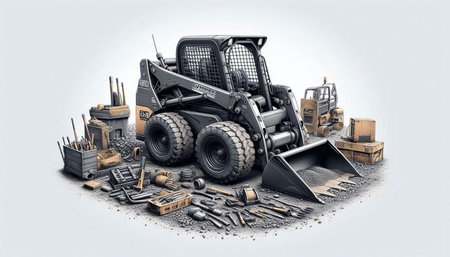 Industrial construction equipment. Excavator, forklift, compactor, wheelbarrow, bulldozer and other...