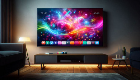 TV in modern living room with abstract colorful wallpaper. 3d rendering