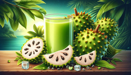 Soursop juice in glass on wooden table. 3d illustration