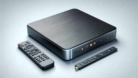 TV remote control and TV receiver on a gray background. 3d rendering