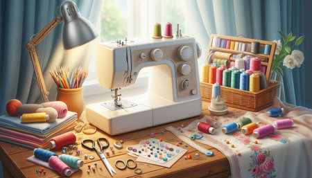 Sewing machine and sewing accessories on the table. 3d illustration