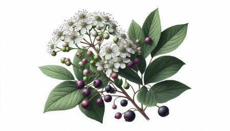 Elderberry branch with flowers and berries isolated on white background.