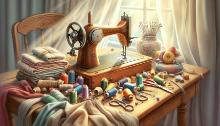 Sewing machine and sewing accessories on the table. 3d illustration