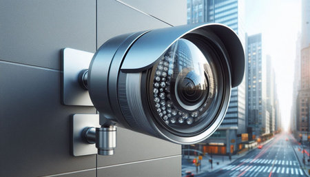 CCTV security camera on the city background. 3d rendering.