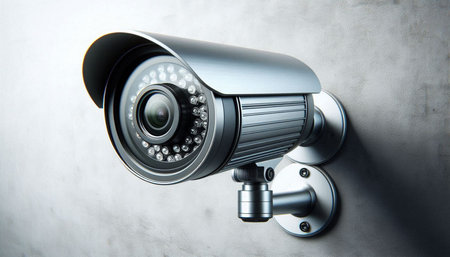 CCTV security camera on concrete wall background. 3d illustration.