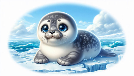 Seal with blue eyes on the ice. 3D illustration.の写真素材