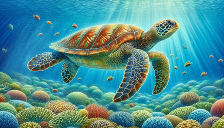 Green sea turtle in the ocean. 3D illustration. Clip art.