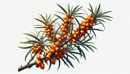 Branch of sea buckthorn berries on a white background.