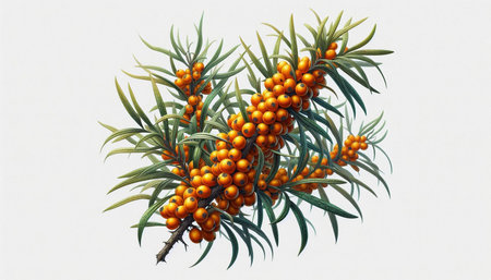 Sea buckthorn branch with ripe berries. Hand drawn illustration.