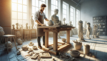 Pottery workshop. Man working on pottery wheel. 3d renderingの写真素材