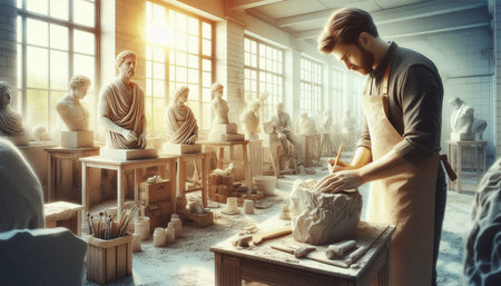 Porcelain potter working in his workshop. Mixed media