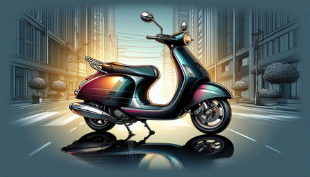 Vintage scooter on the street in the city. Vector illustration.