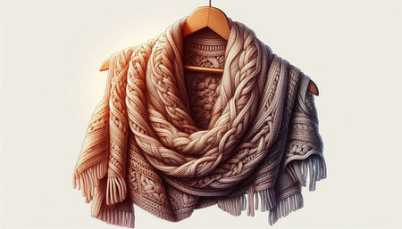 Warm knitted woolen scarf in the form of a hanger on a white background