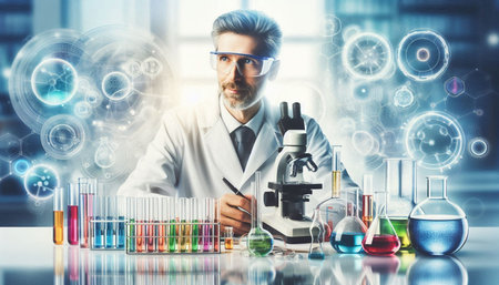 Scientist working with microscope in laboratory. Medical research and development concept