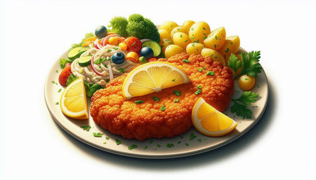 Breaded meat with vegetables and lemon on a white background.