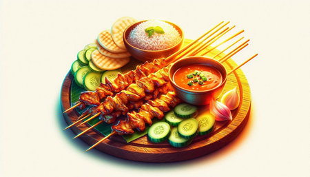 Pork satay served with rice and peanut sauce on wooden plateの写真素材