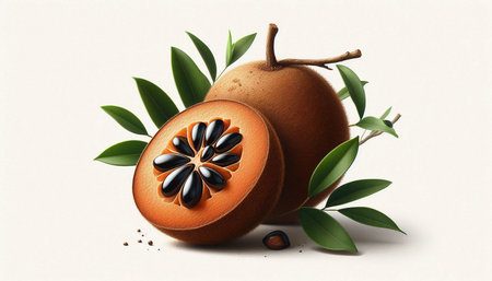Sapodilla fruit with leaves on white background. Vector illustration.の写真素材