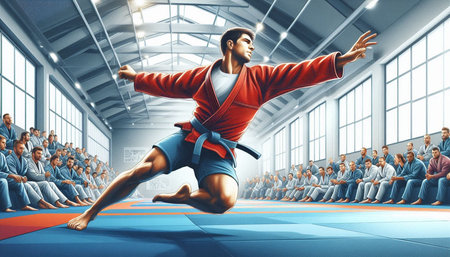Martial arts concept with karate man in red kimono performing karate tricks