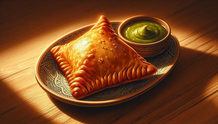 Homemade samosas served on a plate with green sauce.の写真素材