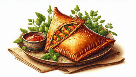 Illustration of a samosas with tomato sauce and mint leavesの写真素材