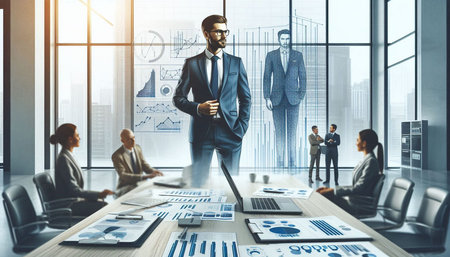 Confident businessman standing in modern office with business chart on wall. Teamwork concept. 3D Renderingの写真素材