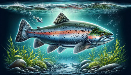 Vector illustration of a rainbow trout in the water. Underwater world.の写真素材