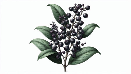 Ripe black berries on a branch with leaves on a white background