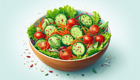 Vegetable salad in a bowl, top view. Vector illustration.の写真素材