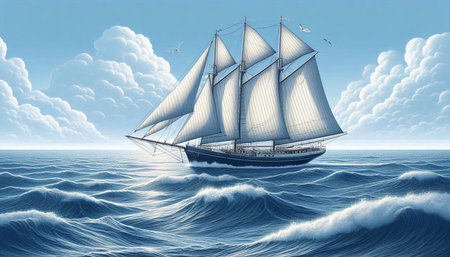 Sailing ship in the sea. 3D illustration. Vintage style.