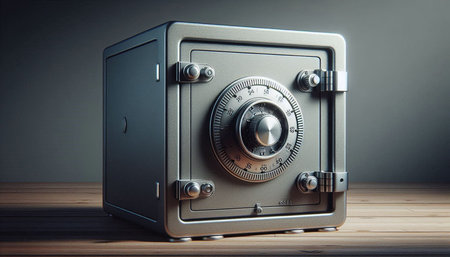 Vintage safe on wooden table over dark background. Retro style.