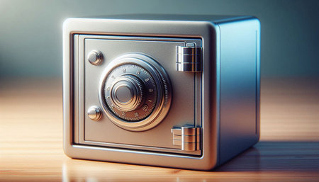 Close-up of a metal safe on a wooden table. 3d rendering