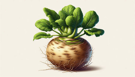 Illustration of a fresh turnip with roots and leaves on a white backgroundの写真素材