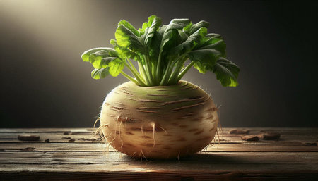 Celery root on wooden table against dark background. Alternative medicine conceptの写真素材