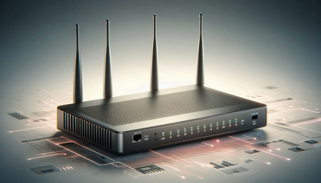 Wireless router on digital background, 3D rendering. Computer digital drawing.