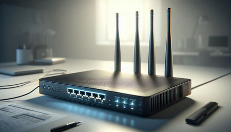 Wireless router on table in office. 3d render illustration.
