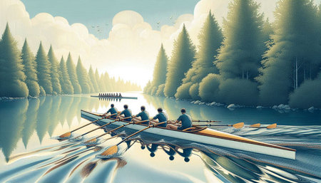 Group of people rowing on the lake. 3D rendering.の写真素材
