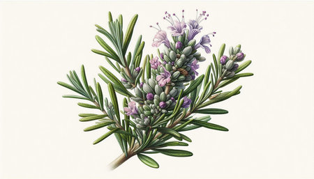 Rosemary branch with flowers and leaves. Hand drawn watercolor illustration.の写真素材