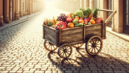 Wooden cart full of fresh fruits and vegetables on the street in the eveningの写真素材