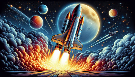 Space rocket in space with planets and stars in background. Vector illustration.の写真素材