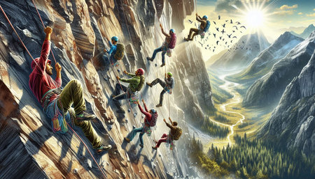 Group of climbers climbing a rocky wall. 3d rendering. Computer digital drawing.