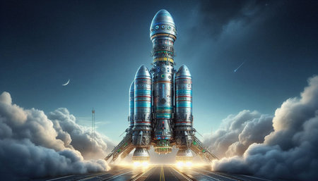 Spaceship taking off into space. Mixed media. Mixed mediaの写真素材