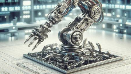 Robot hand on the blueprint background. 3d illustration. Technology concept