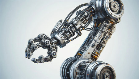 Robot arm with metal gears on white background. 3d rendering