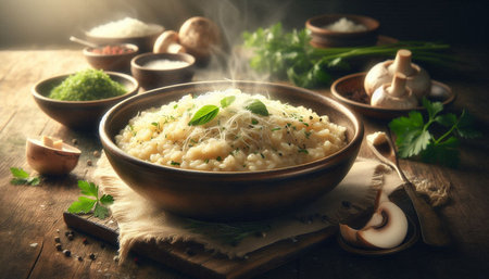 Risotto with parmesan cheese and herbs on a wooden backgroundの写真素材