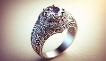 Wedding ring with diamond on white background. Close up.