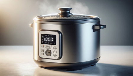 Cooking in a modern electric multi cooker on a wooden table.