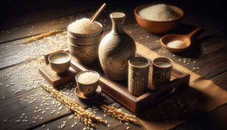 Rice in a cup and rice in a bowl on a wooden tableの写真素材