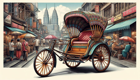 Tuk-tuk in Bangkok, Thailand. Vintage illustration.