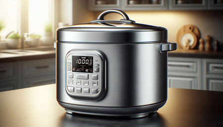 Modern electric multi cooker on the table in the kitchen. 3d rendering