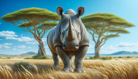 African rhinoceros in the savannah - 3D renderの写真素材